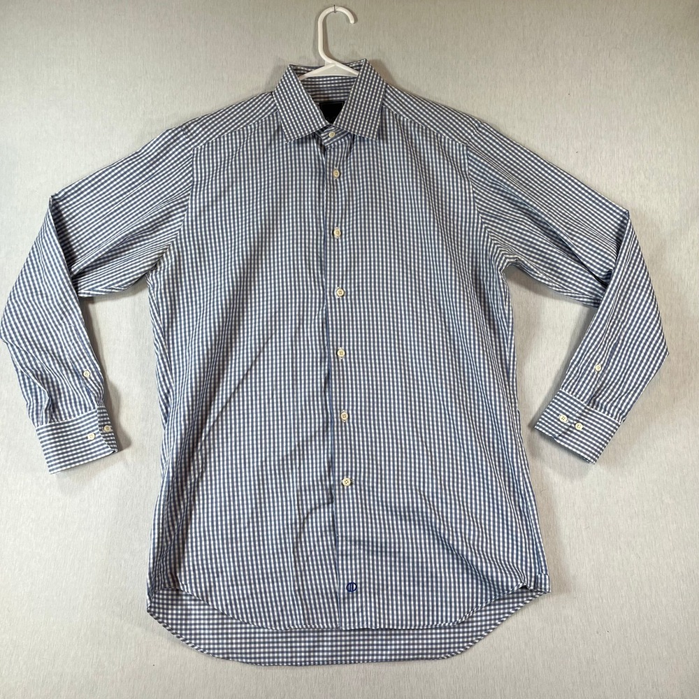 David Donahue Dress Shirt Mens 16.5 34/35 Trim Fit Blue White Gingham Cotton